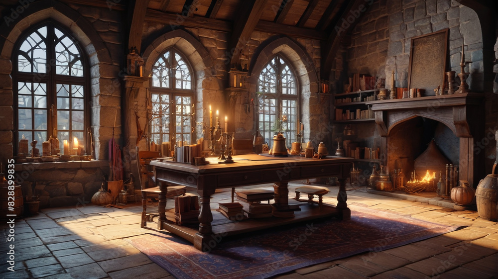 Magic wizard school room set in a medieval house, depicted in a cartoon background. Generative AI. Magic wizard school room set in a medieval house, depicted in a cartoon background. Generative AI.