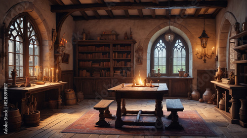 Magic wizard school room set in a medieval house, depicted in a cartoon background. Generative AI.