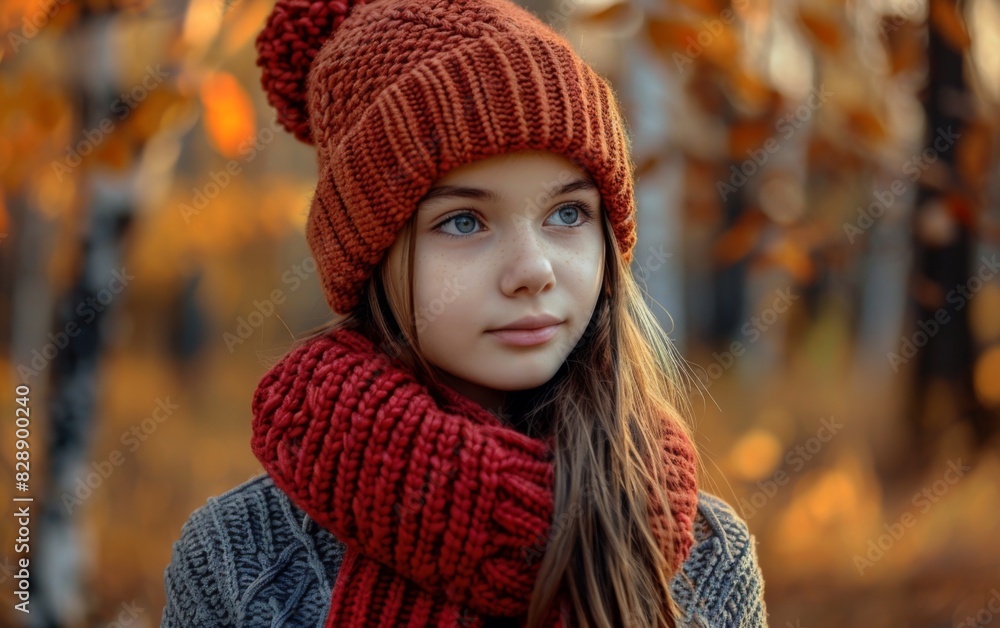 A young girl wearing a red knitted hat and scarf, standing outdoors during autumn A young girl wearing a red knitted hat and scarf, standing outdoors during autumn