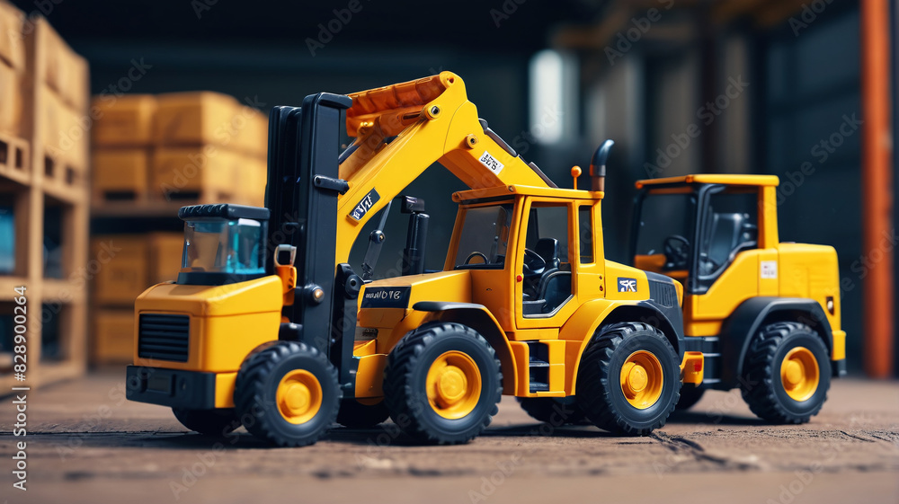 A toy truck with a forklift and another with a loader, perfect for industrial and construction themes. Generative AI.