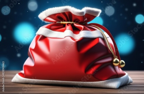 Santa Red Bag full with Gifts. Christmas tree Decorated by Golden Balls and Present Box under. Xmas Sack tied by Golden Ribbon over Brown Background photo