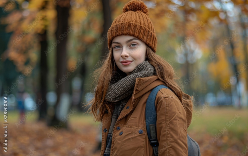 A woman wearing a brown jacket and hat walking A woman wearing a brown jacket and hat walking