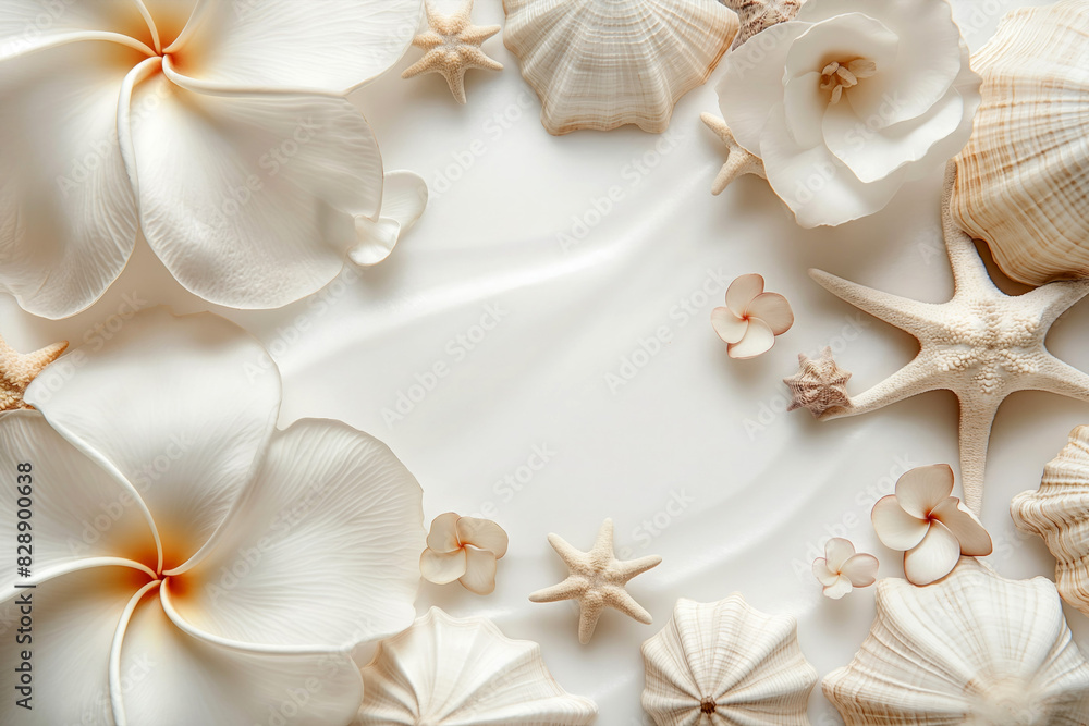 Summer banner with copy space. Frangipani plumeria flowers, starfish, seashells in white and beige colors Summer banner with copy space. Frangipani plumeria flowers, starfish, seashells in white and beige colors