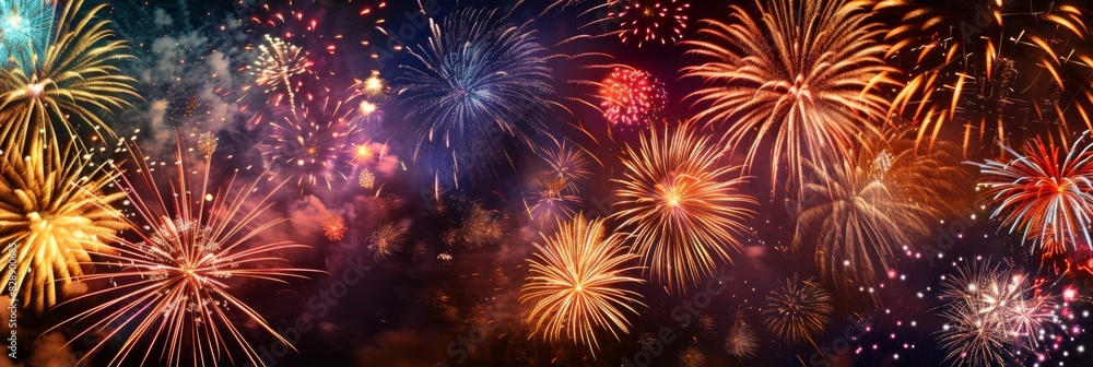 Fototapeta premium Pyrotechnics and fireworks on black night sky. Firework banner and traditional celebration background