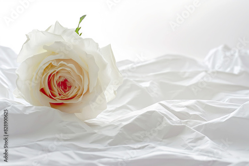 One rose on crumpled white paper banner with copy space