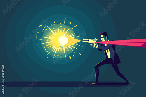 Brainstorming Businessman Shooting Glowing Light Bulb Cannon, Pitching Ideas for New Business