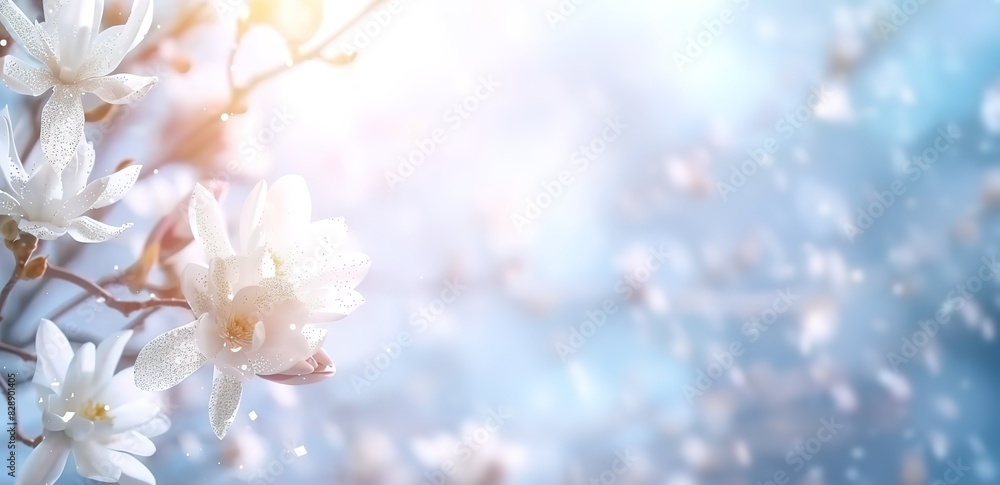 White flowers are blooming in the photo with a blur effect background White flowers are blooming in the photo with a blur effect background