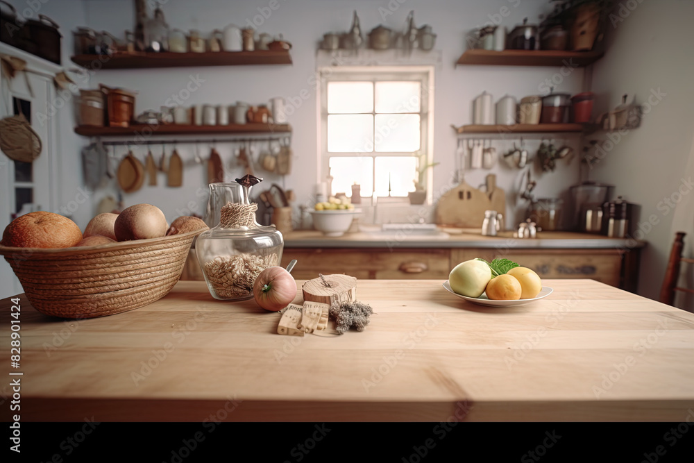 Kitchen table with food ready for cooking in the sunny room with window. Bright kitchen interior. Kitchen table with food ready for cooking in the sunny room with window. Bright kitchen interior.