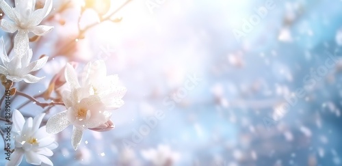 White flowers are blooming in the photo with a blur effect background