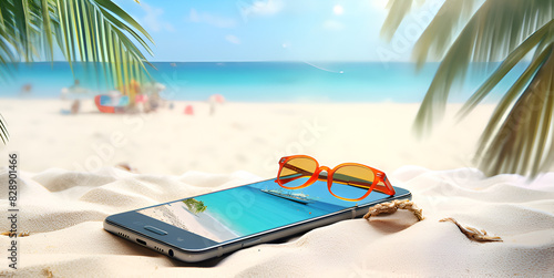 beach chair and umbrella on the beach,,Concept Summer Shopping Online View Beach,Summer holiday beach travel with smart phone ,umbrella 