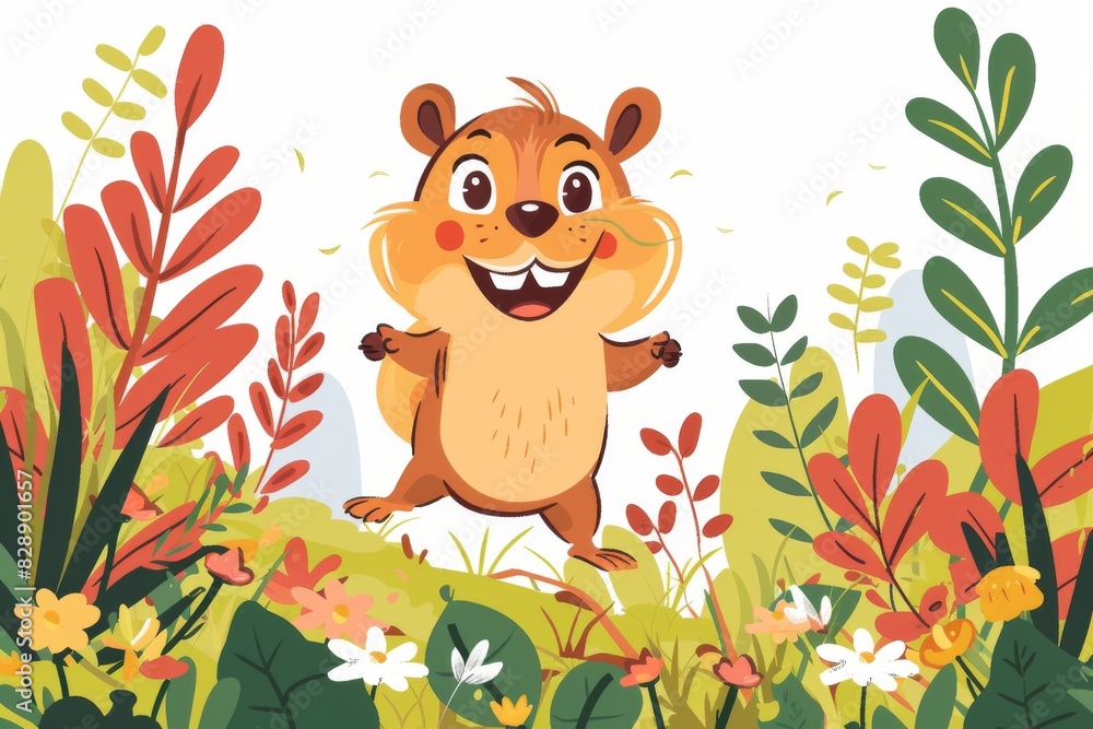 A charming chipmunk with a toothy grin scampers through a vibrant forest, bringing joy and liveliness to the scene. The illustration is set against a clear white background. A charming chipmunk with a toothy grin scampers through a vibrant forest, bringing joy and liveliness to the scene. The illustration is set against a clear white background.