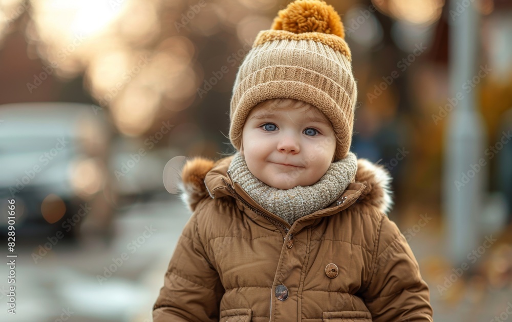 A young boy wearing a brown jacket and hat walks down the street A young boy wearing a brown jacket and hat walks down the street