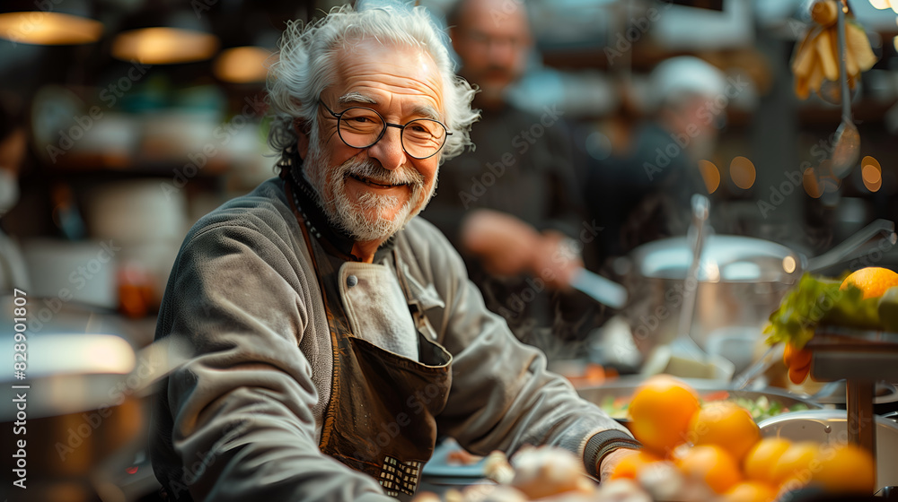 Cooking class with elder people having fun in a minimalistic modern white and a little bit of wood medium sized open kitchen Cooking class with elder people having fun in a minimalistic modern white and a little bit of wood medium sized open kitchen