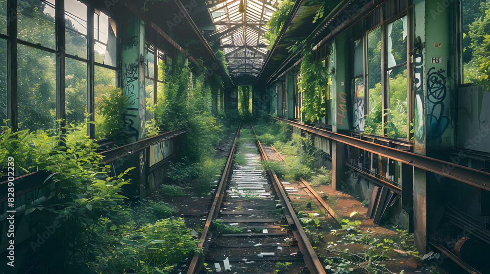 The train station is abandoned and overgrown with weeds The train station is abandoned and overgrown with weeds