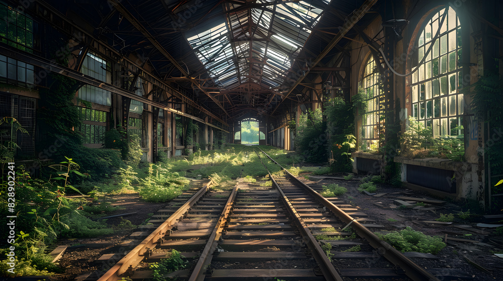 Obraz premium The train station is abandoned and overgrown with weeds