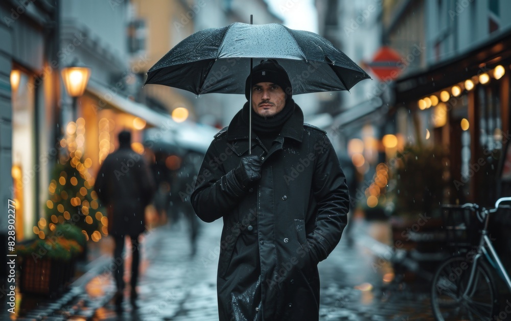 A man in a black coat walks down the street, holding an umbrella to shield himself from the rain A man in a black coat walks down the street, holding an umbrella to shield himself from the rain
