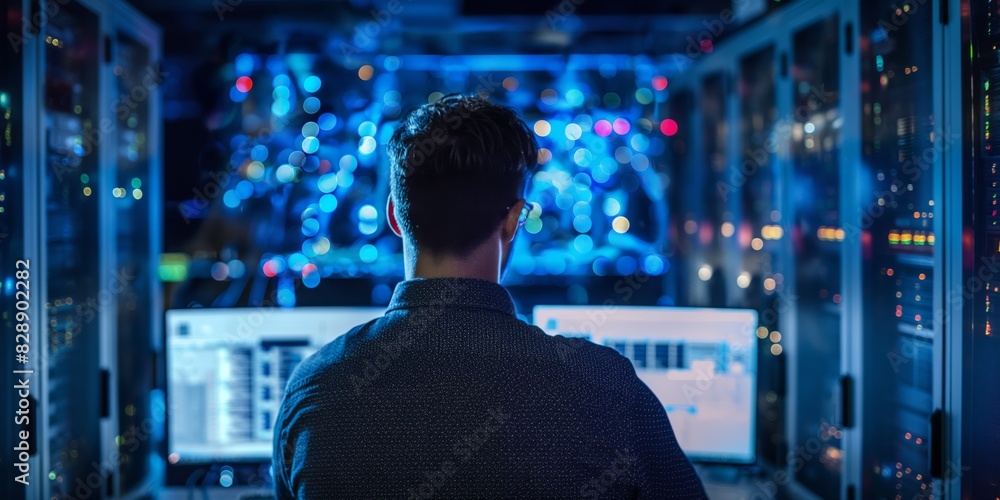 A man is seen from behind, monitoring complex networks in a brightly lit server room A man is seen from behind, monitoring complex networks in a brightly lit server room