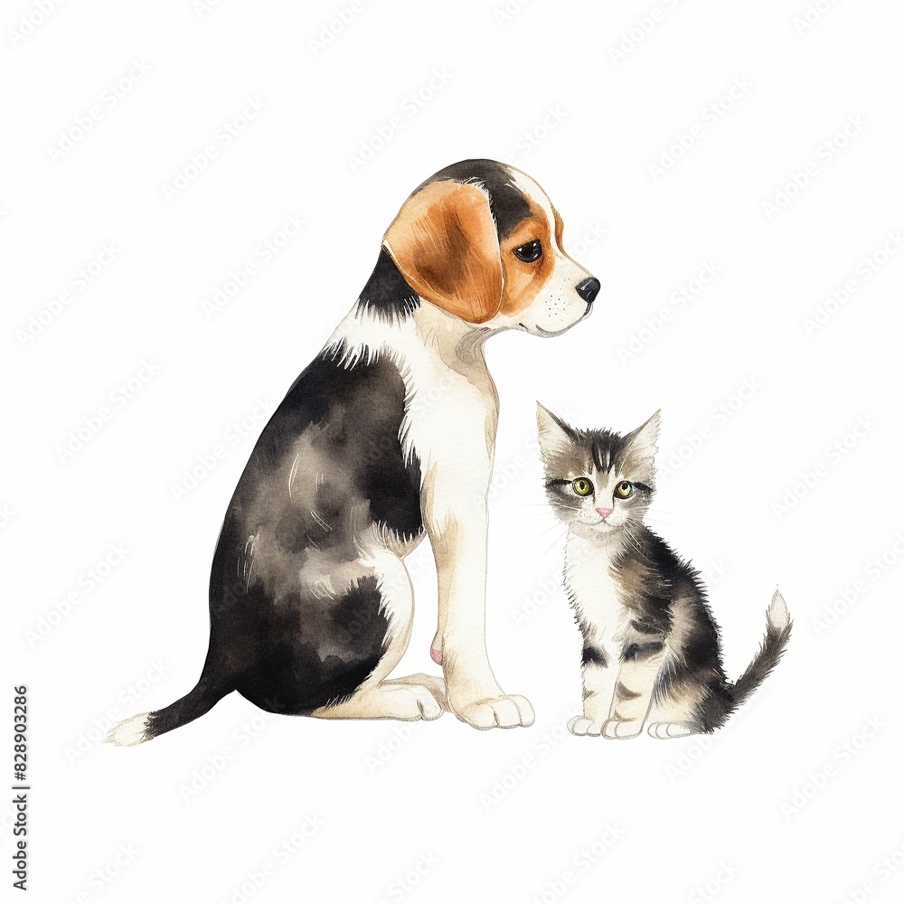 Obraz premium Watercolor illustration of a cute puppy and kitten sitting together on a white background.