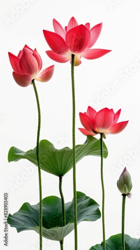 Serene Beauty of Red Lotus Flowers Basking in Morning Sunlight Against White Isolated Background © Cheetose