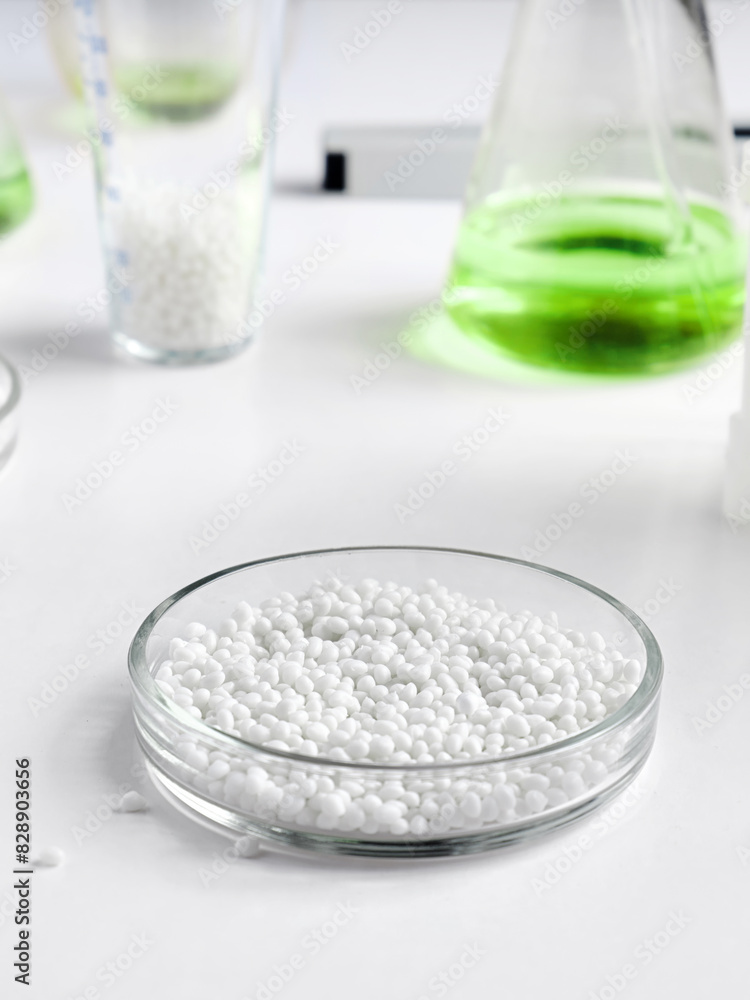 Close-up of a petri dish for chemical experiments against the background of other laboratory glassware. Close-up of a petri dish for chemical experiments against the background of other laboratory glassware.