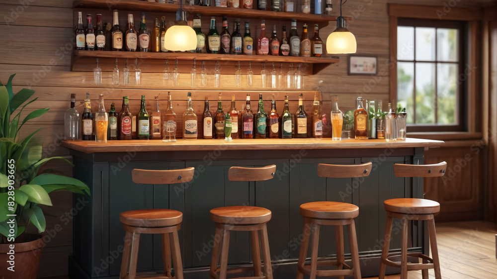 Bar counter, furniture, and equipment depicted in a cartoon vector set of pub interior objects. Generative AI. Bar counter, furniture, and equipment depicted in a cartoon vector set of pub interior objects. Generative AI.