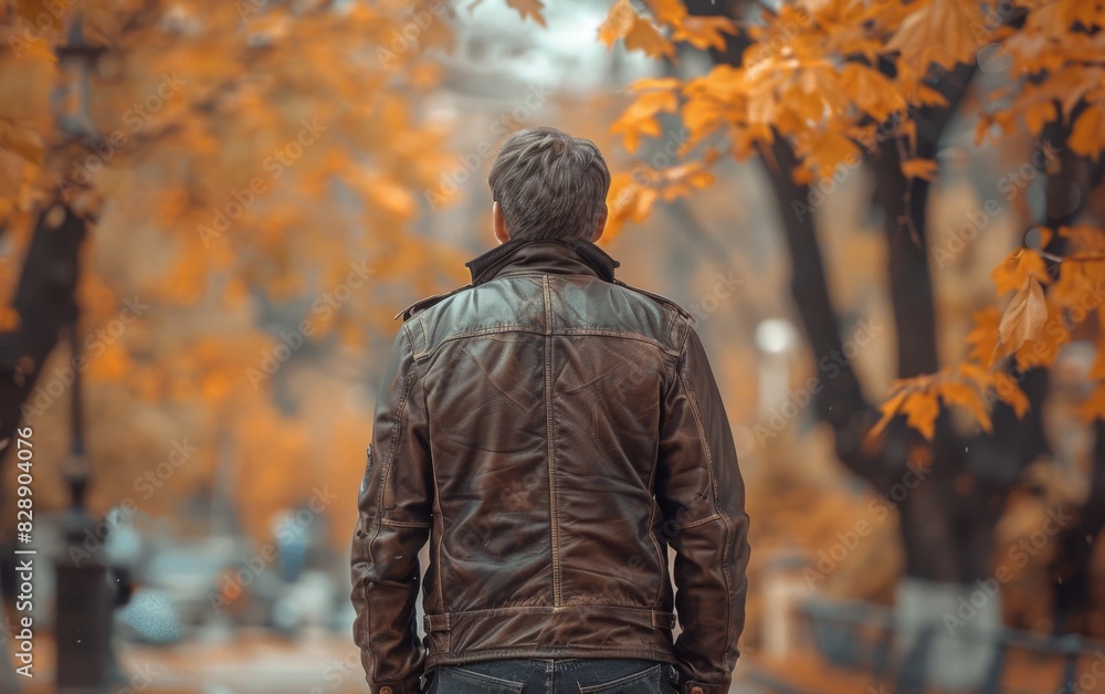 A man in a leather jacket casually strolls down the city street A man in a leather jacket casually strolls down the city street