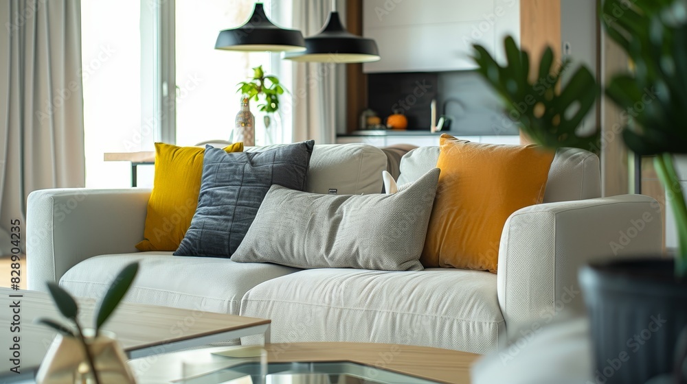 Fototapeta premium Sleek Contemporary Living Room Interior with Stylish Sofa and Table in Modern Luxury Setting