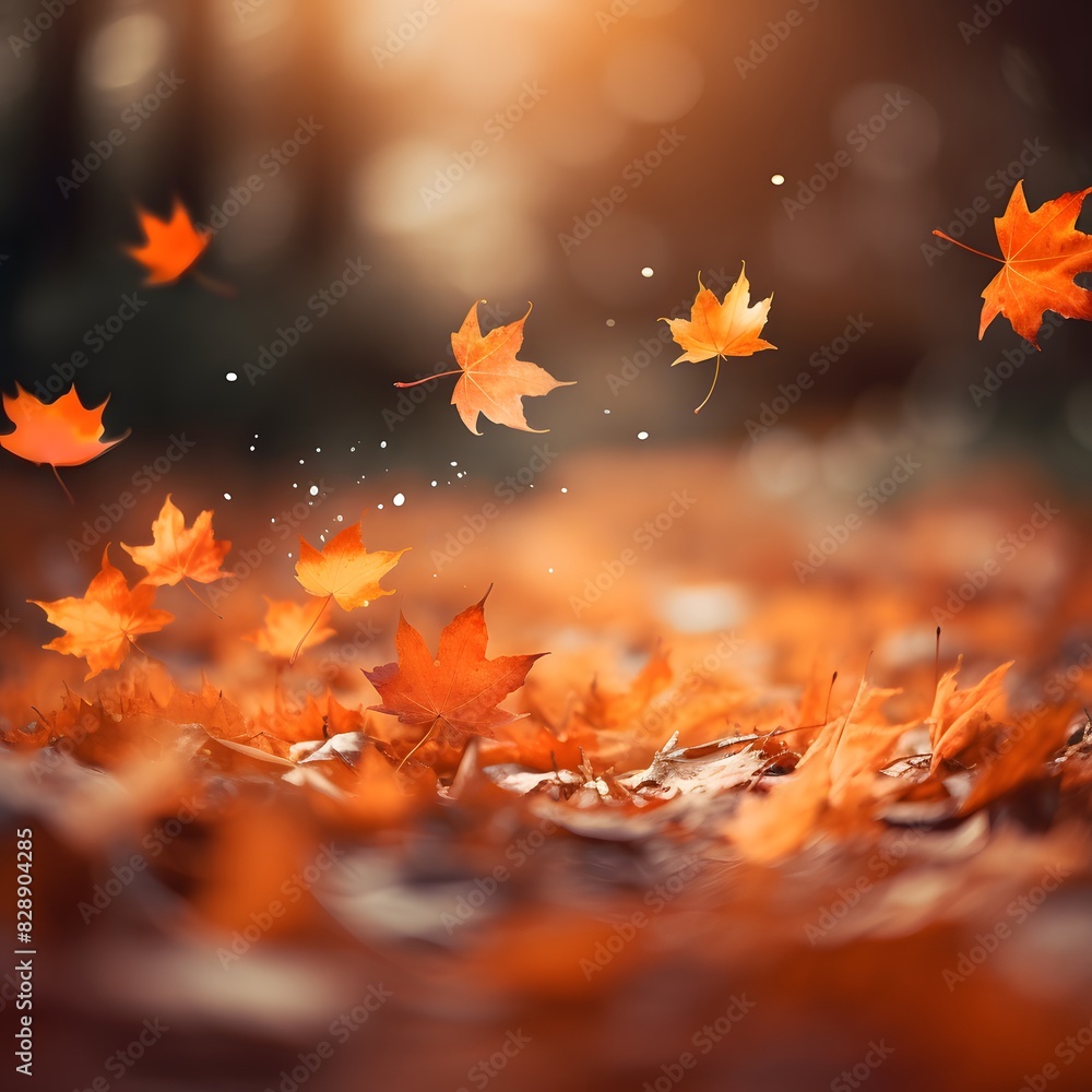 Autumn background with leaves falling on the ground in a forest at sunset. Generative AI. Autumn background with leaves falling on the ground in a forest at sunset. Generative AI.