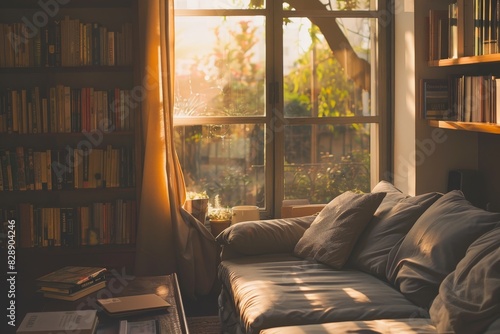 Elegant Contemporary Interior on Beige Tone Walls with Sofa at Twilight Sunset View through Left Window