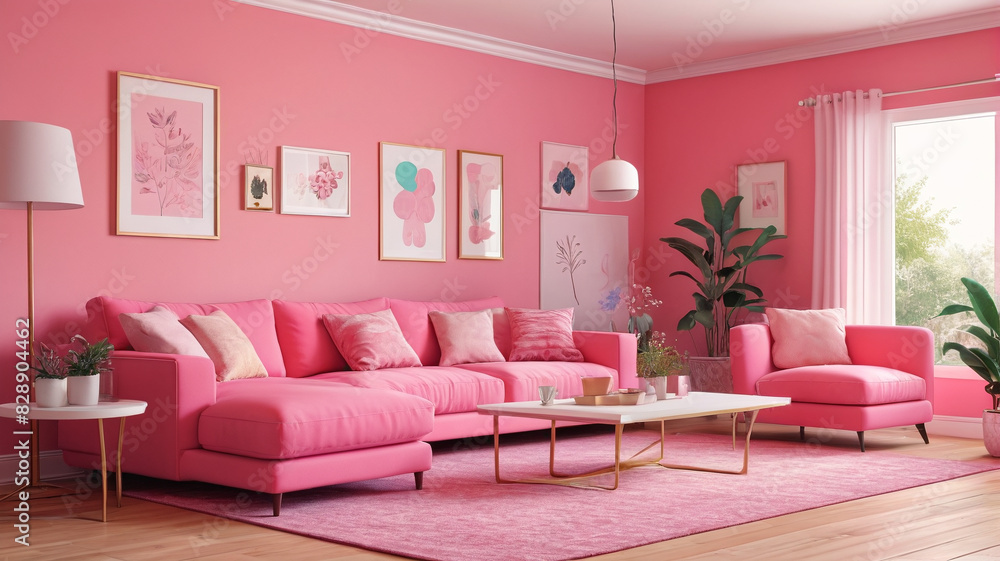 Living room interior furniture and decorative elements portrayed in bright pink colors, depicted in a cartoon vector illustration set of a cute girly house and apartment indoor. Generative AI. Living room interior furniture and decorative elements portrayed in bright pink colors, depicted in a cartoon vector illustration set of a cute girly house and apartment indoor. Generative AI.