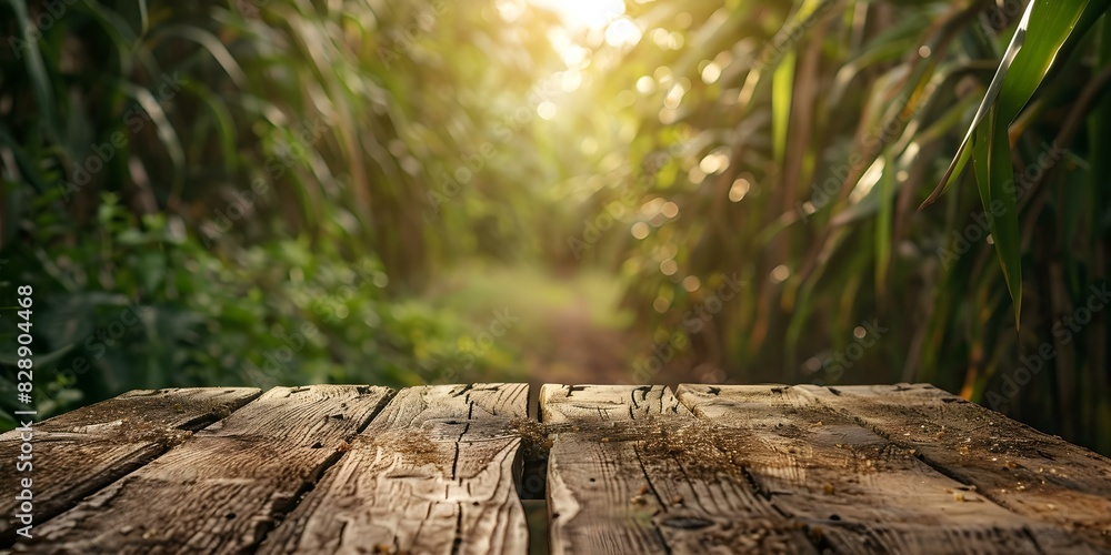 Blurry sugarcane plantation background behind an empty wooden table top vibrant image. Concept Agriculture, Woodcraft, Farming, Nature, Vibrant Colours