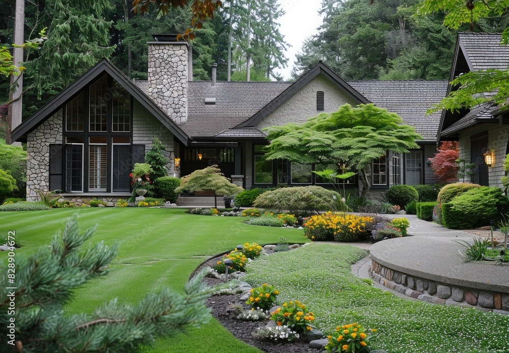 Photo of a modern house with a well-manicured lawn and flower bed in spring, of a pacific northwest style home, 