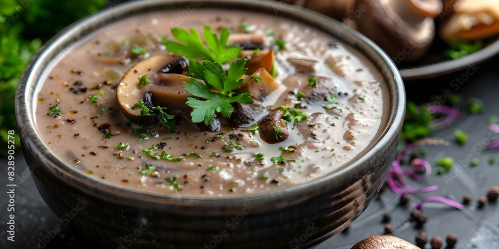 Top view of vegan Indian masala mushroom soup in ceramic bowl. Concept Vegan Recipes, Indian Cuisine, Mushroom Dishes, Soup Ideas, Food Photography Top view of vegan Indian masala mushroom soup in ceramic bowl. Concept Vegan Recipes, Indian Cuisine, Mushroom Dishes, Soup Ideas, Food Photography