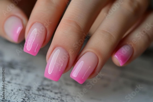 Woman hands with elegant manicure Beautiful Pink ombre manicure with gel polish on neutral gray background