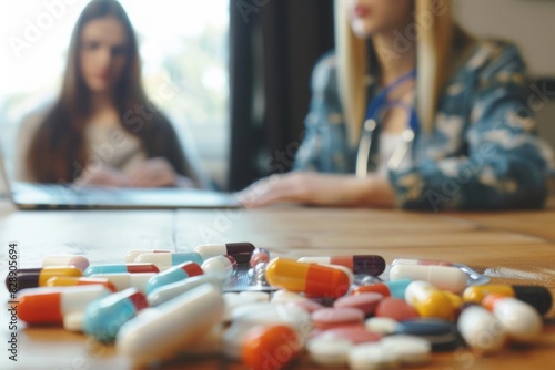 A young woman consulting with her doctor over a video call with medication visible on the table