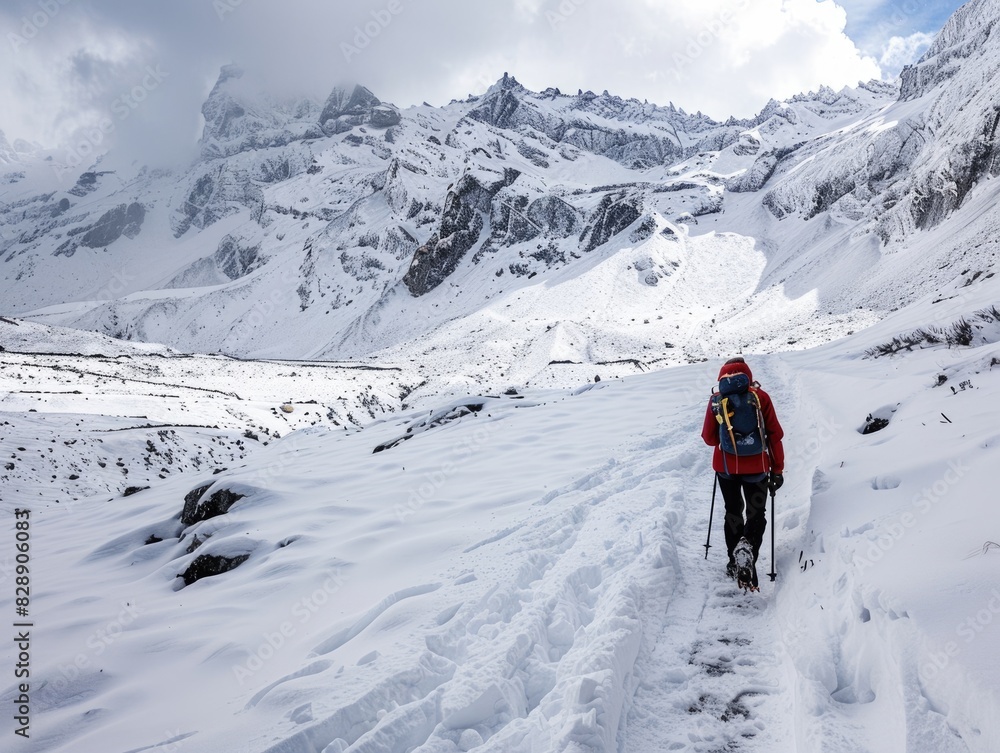 Adventurer traveling through snow on mountain pass.