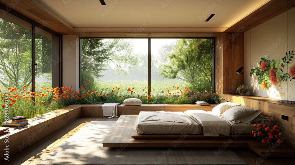 Fototapeta premium Natural shade in bedroom of a villa hotel by wildflower at meadow