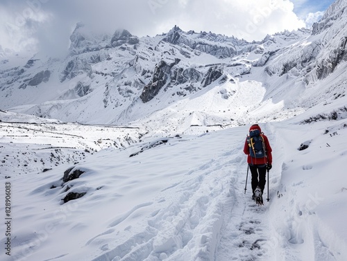 Adventurer traveling through snow on mountain pass.