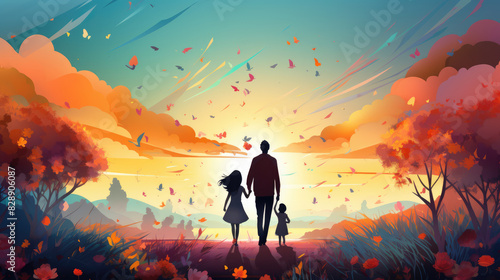 generated illustration of Father, son and daughter having fun on a walk, happy father's day #828906087