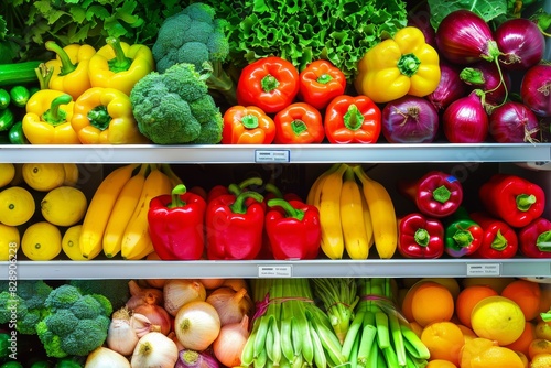 Colorful Fresh Produce Aisle in Supermarket with Variety of Vegetables and Fruits