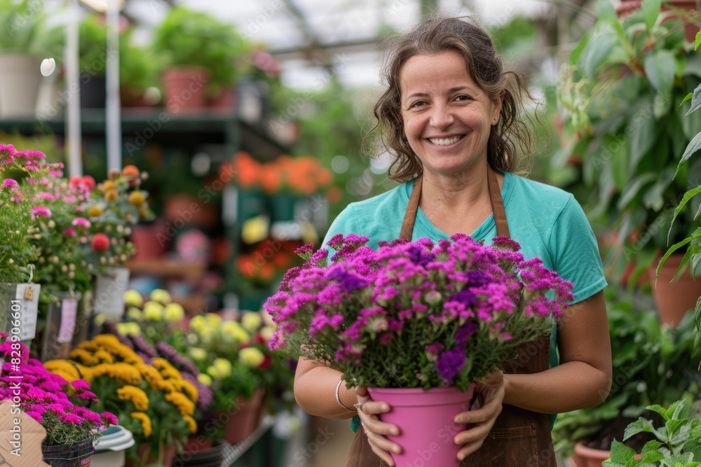 Portrait of a smiling female florist holding a pink flower pot with purple flowers at a garden center on a sunny day. The woman standing among green plants and colorful blooming bushes. Portrait of a smiling female florist holding a pink flower pot with purple flowers at a garden center on a sunny day. The woman standing among green plants and colorful blooming bushes.