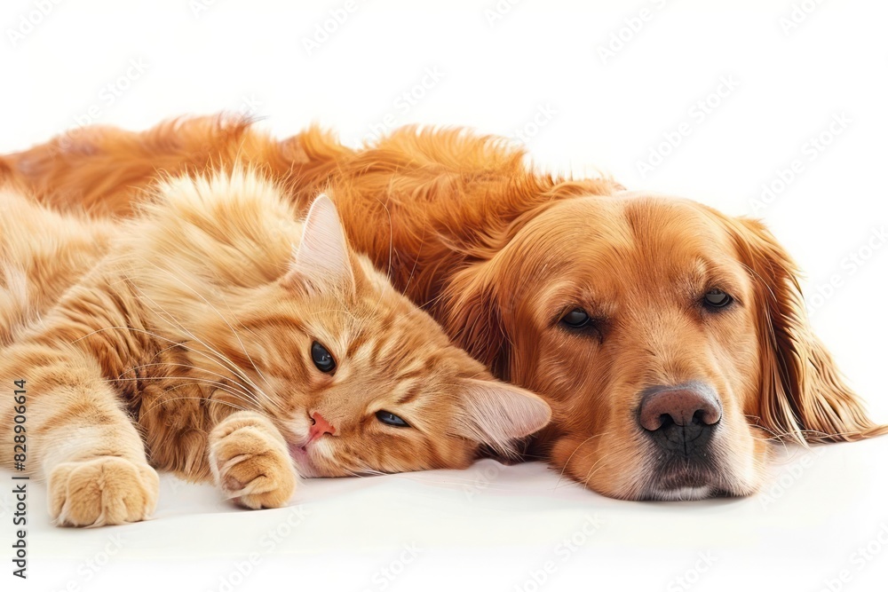 A cat and dog duo with the cat lazily draped over the dog back on a white background