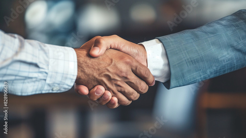 Business handshake between two professionals in a modern office setting, indicating agreement and partnership