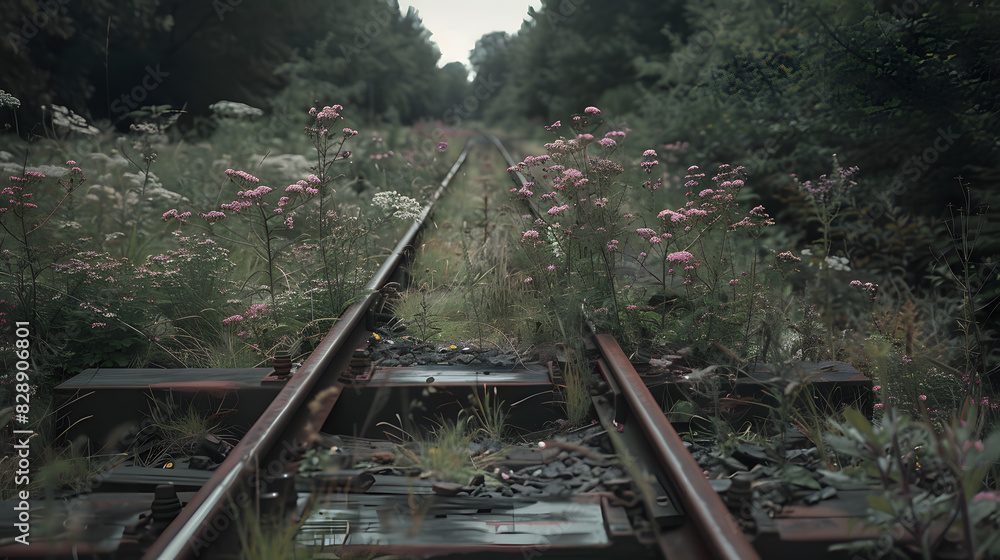 Naklejka premium A train track is covered in weeds and flowers