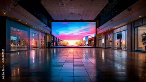 Shopping mall environment and blank advertising screen at night