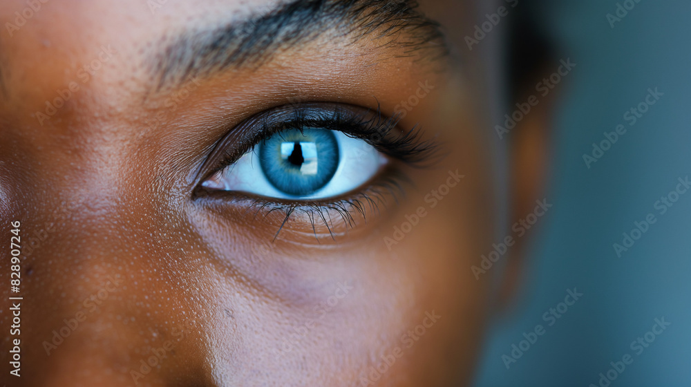 Close up of the eye and part of the female face, black woman with blue eyes Close up of the eye and part of the female face, black woman with blue eyes