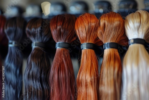 A hairdresser color swatch chart with samples of hair in every shade of the spectrum used for client consultations photo