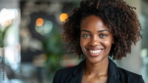 A portrait of a confident black businesswoman, her expression radiant with happiness and confidence