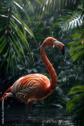 The Big flamingo look very realistic full high body  strolling through the green jungle against the background of torrential rain and storms  green leaves 