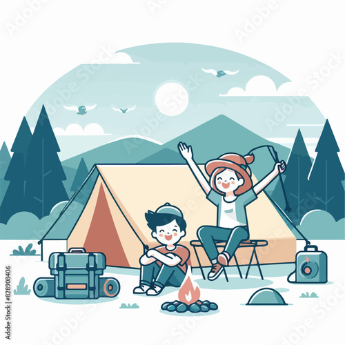 illustration of happy cartoon people at camping. outdoor activity
